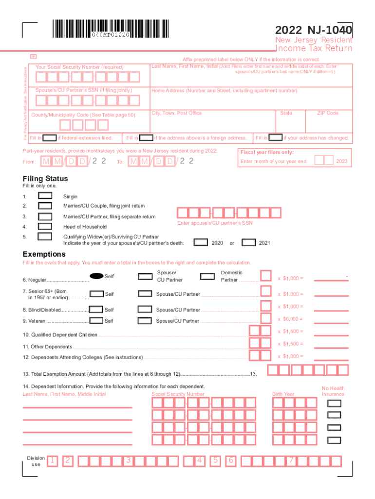  New Jersey Resident Return, Form NJ 1040 New Jersey Resident Return, Form NJ 1040 2022-2024