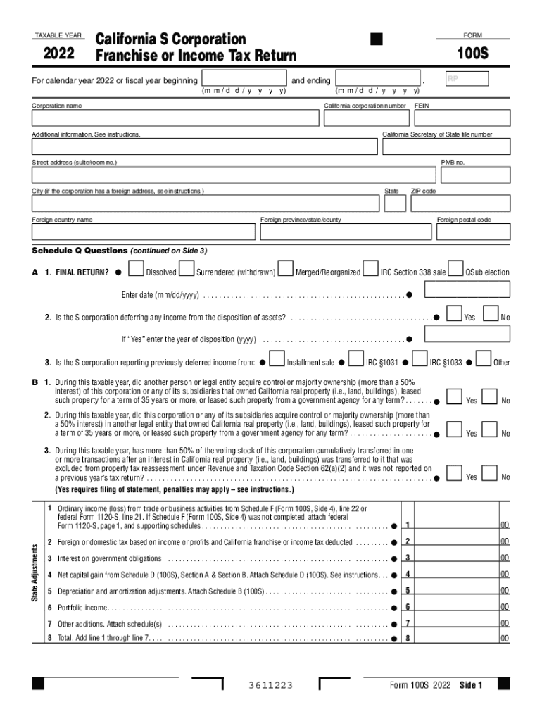 Form 100S California S Corporation Franchise or Income Tax