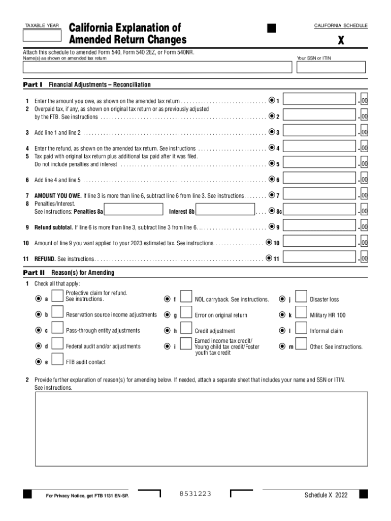  California State Tax Return Amendment on Form 540 or NR, X 2022-2024