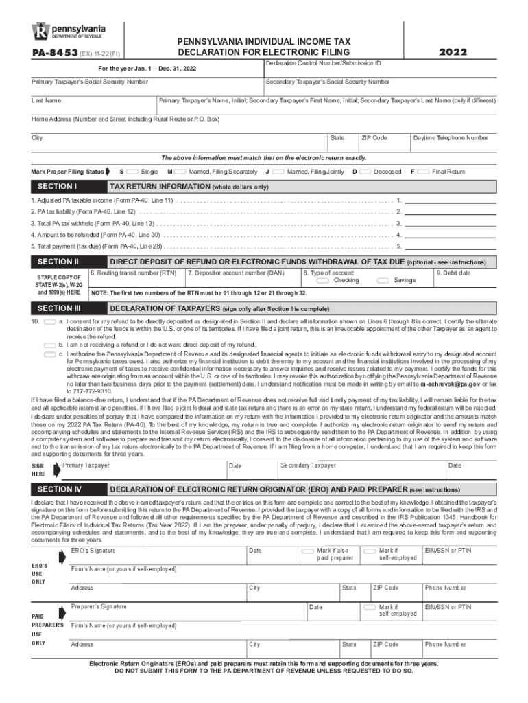  Pennsylvania Individual Income Tax Declaration for Electronic Filing PA 8453 FormsPublications 2022-2024