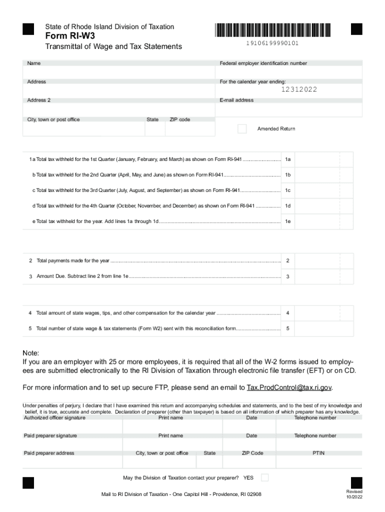  Form RI W3 RI Division of Taxation 2022