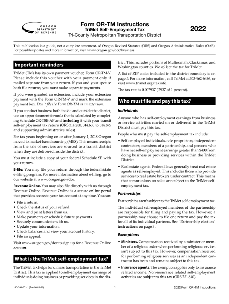  Form or TM Instructions, Tri County Metropolitan Transportation District TriMet Self Employment Tax, 150 555 001 1 2022-2024