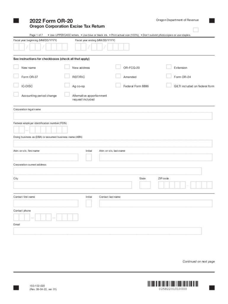  Form or 20 INC Instructions Oregon Corporation Income Tax 2022-2024