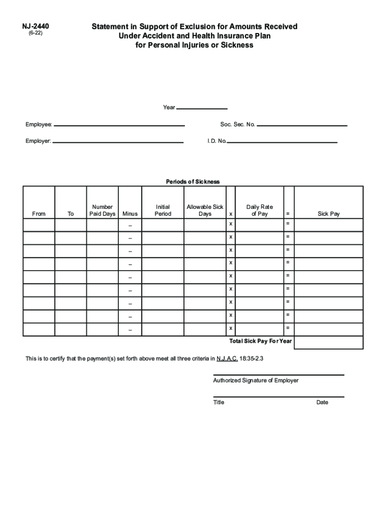 NJ 2440 Statement in Support of Exclusion for Amounts Received under Accident and Health Insurance Plan NJ 2440 Statement in Sup  Form