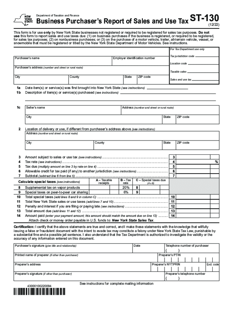 Form ST 130 Business Purchaser&#039;s Report of Sales and Use Tax Revised 1222
