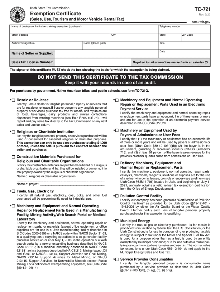  Form TC 721 Exemption Certificate Legal Forms 2022-2024