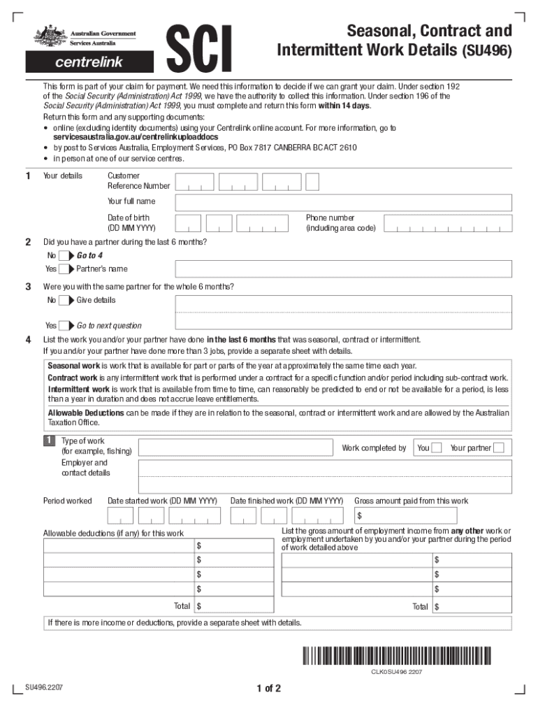 Seasonal Contract Intermittent Work Details Form SU496