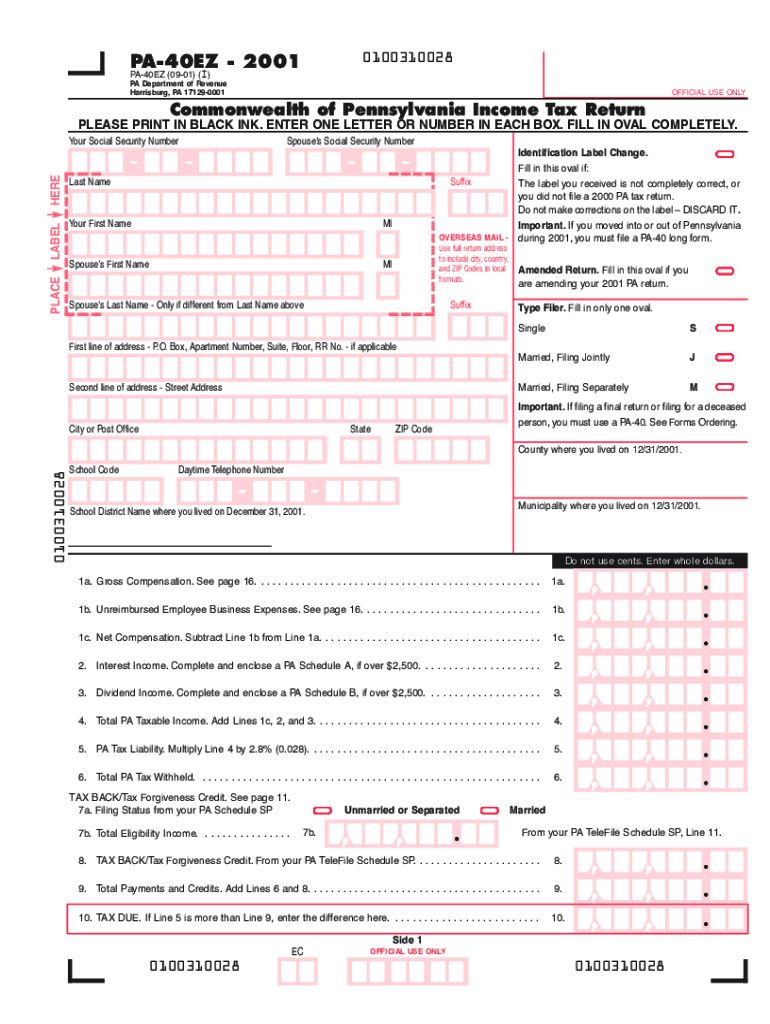  Pennsylvania Income Tax Return PA 40EZPAW 2S FormsPublications 2001-2024