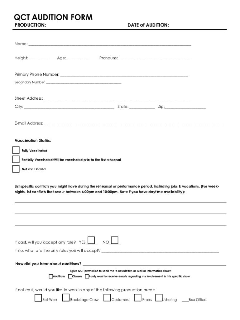 Audition Form Quincy Community Theatre