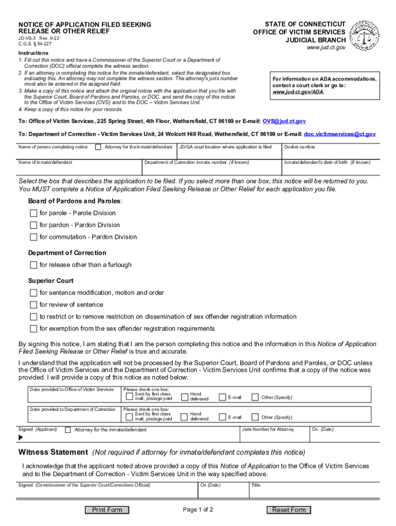 NOTICE of APPLICATION FILED SEEKING RELEASE or OTHER RELIEF  Form