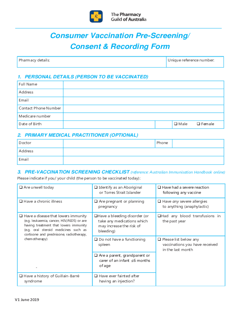  Consumer Vaccination PreScreening Consent &amp; Recor 2019-2024