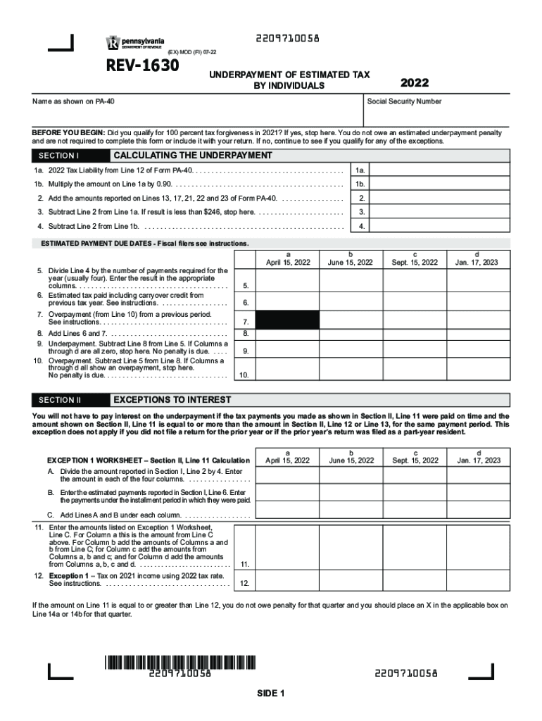  Underpayment of Estimated Tax by Individuals REV 1630 FormsPublications 2022-2024