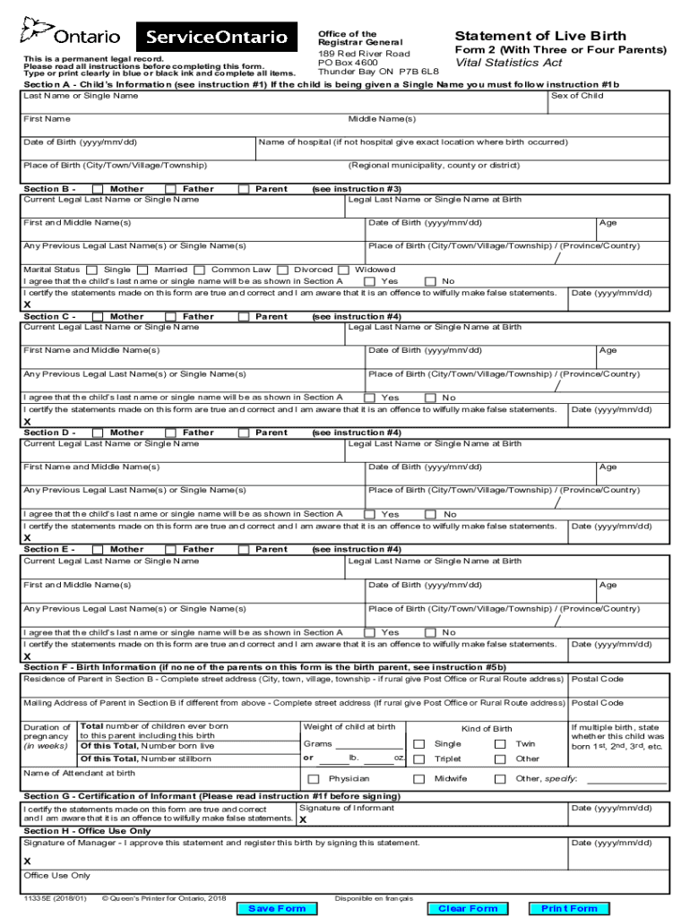  Statement of Live Birth Form 2 Vital Statistics Act 2018-2024