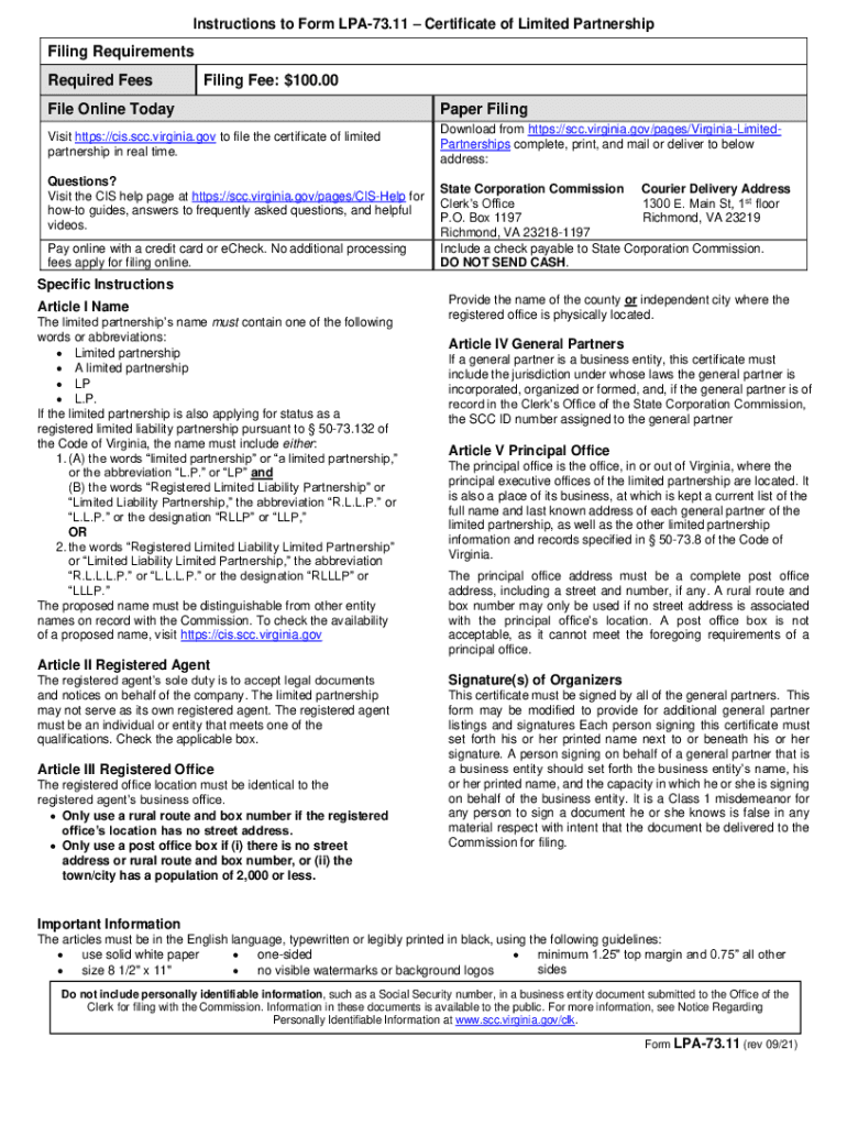  Instructions to Form LPA 73 11 State Corporation Commission 2021-2024