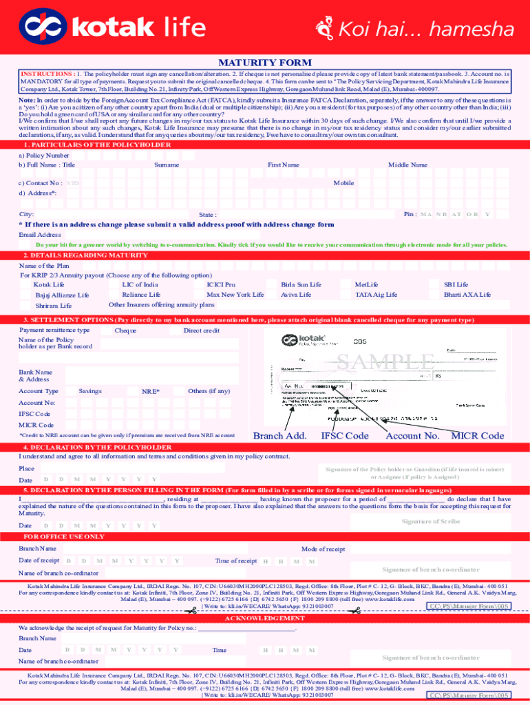  Kotak Life Insurance Maturity Payout Form 2022-2024