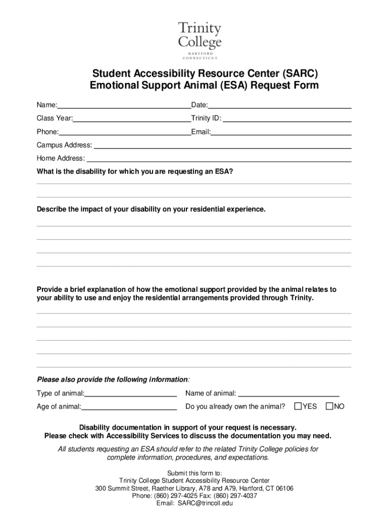Student Accessibility Resource Center SARC Emotional Support Animal ESA Request Form