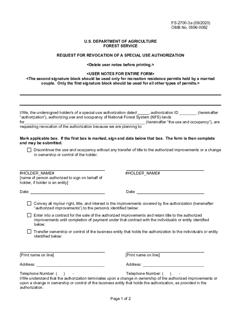 FS 2700 3a Request for Revocation of a Special Use Authorization EXAMPLE ONLY PLEASE COMPLETE in NRM  Form