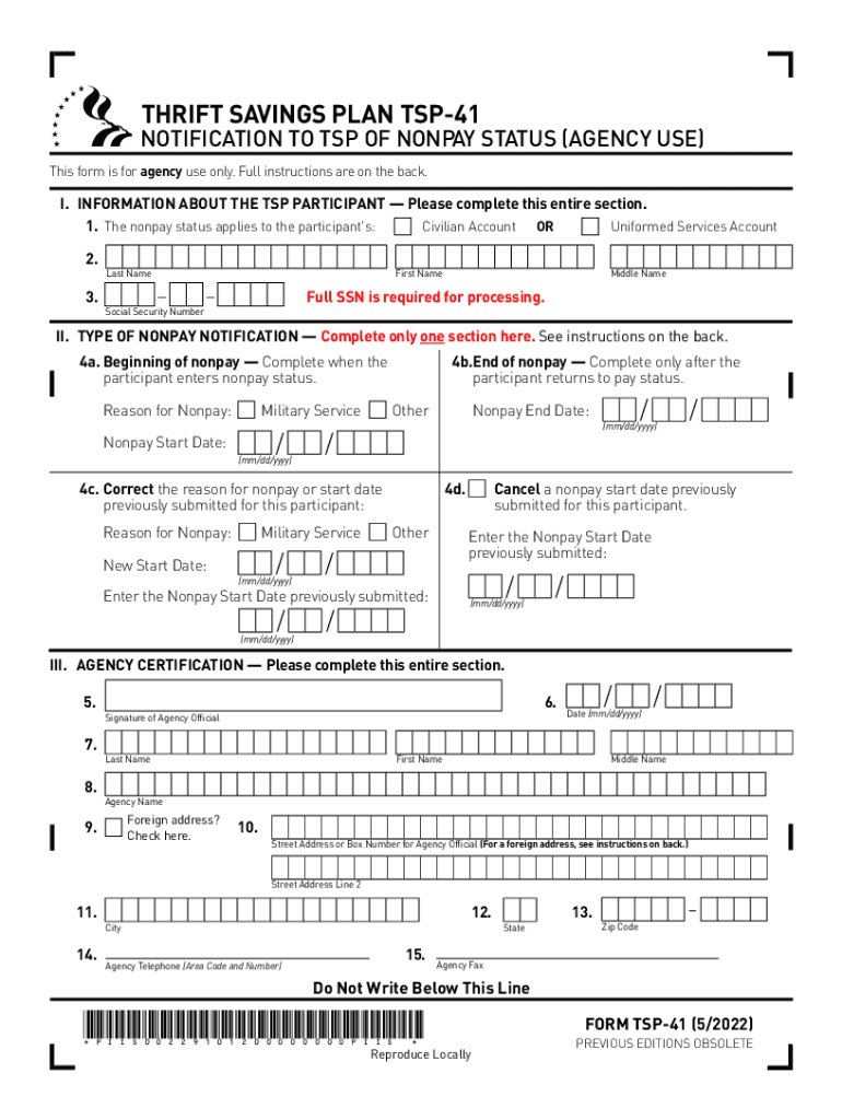  Form TSP 41, Notification to TSP of Nonpay Status Hawaii DoD 2022-2024