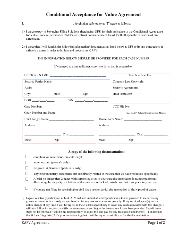 Conditional Acceptance for Value Agreement  Form