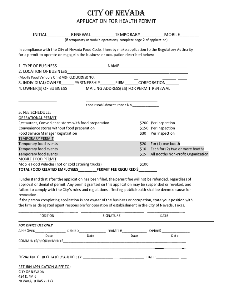 Permits Food Establishments DPBH State of Nevada  Form