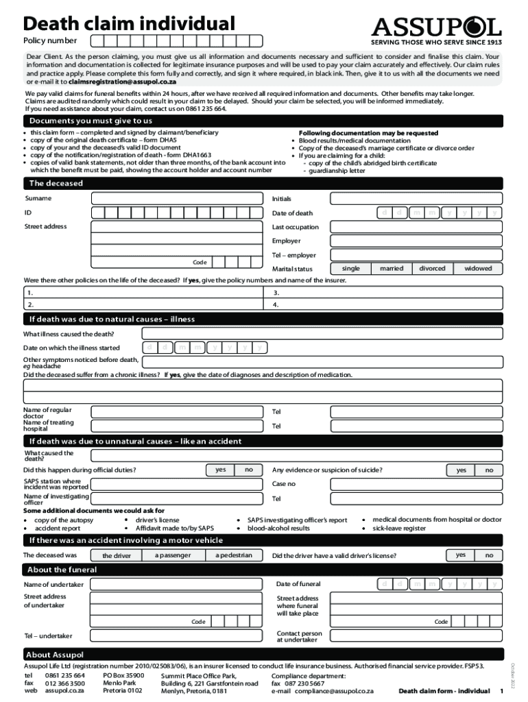 Assupol Death Claim FormIndividualOctober Cdr