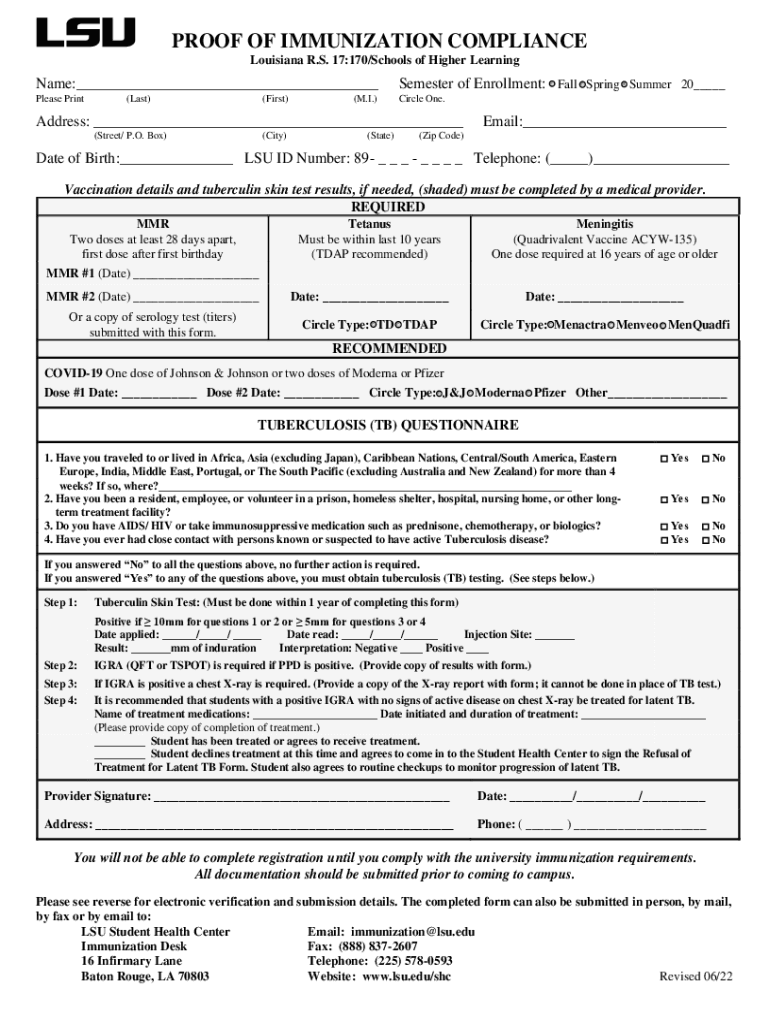 Immunization Compliance Form Louisiana State University