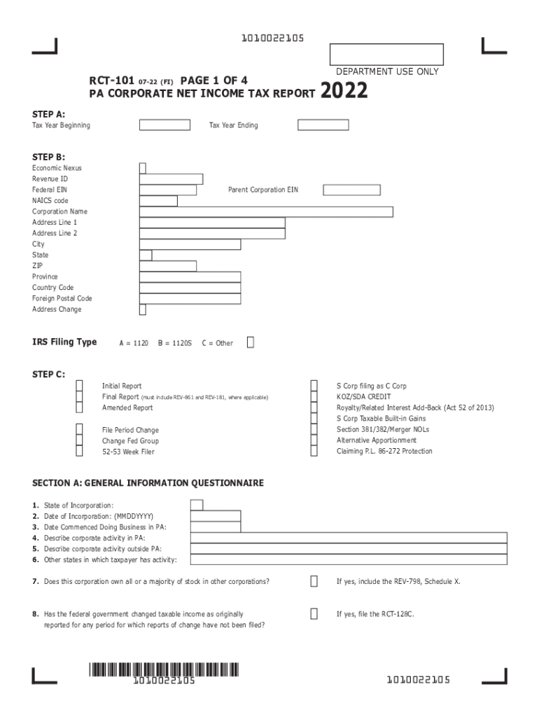 PA Corporate Net Income Tax Report RCT 101  Form