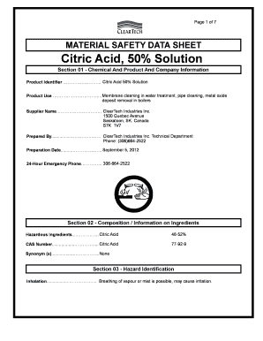 MATERIAL SAFETY DATA SHEET Citric Acid, 50 ClearTech  Form