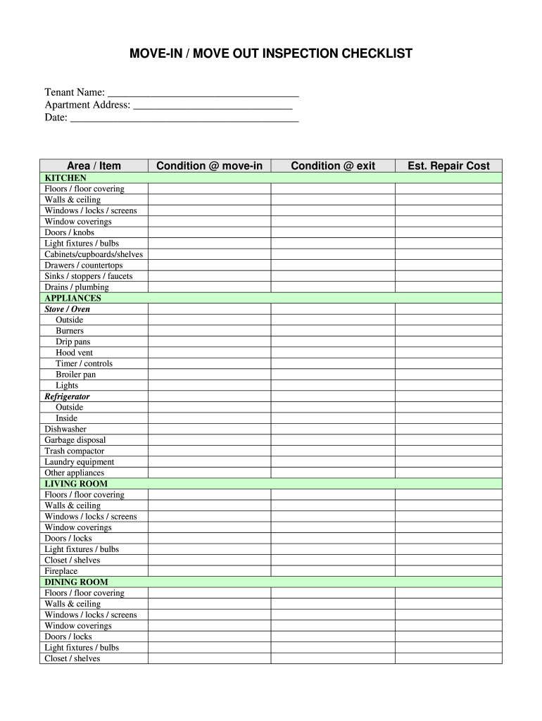 MOVE in MOVE OUT INSPECTION CHECKLIST  Form
