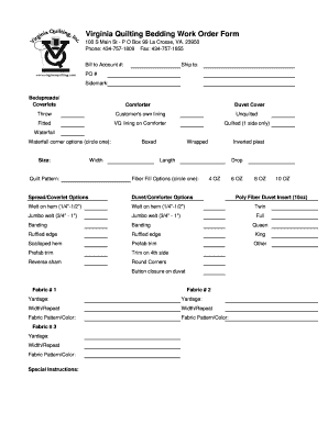 Virginia Quilting Bedding Work Order Form