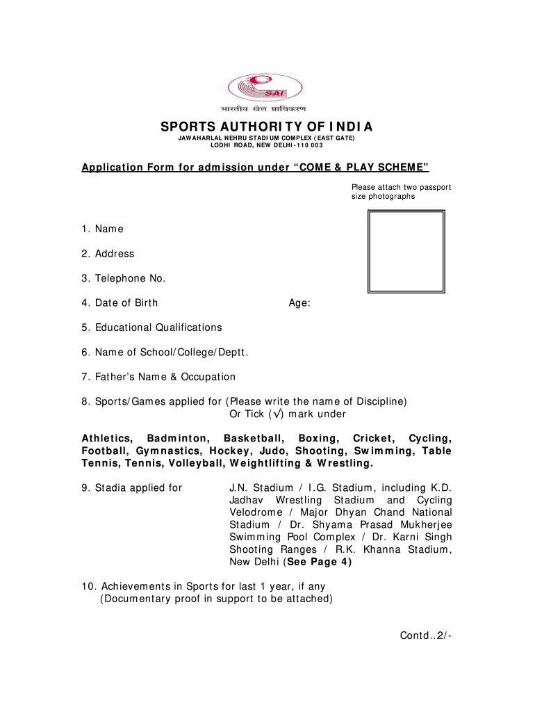 Jawaharlal Nehru Stadium Admission Form