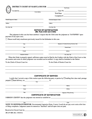 Notice of Satisfaction Dc Cv 031  Form