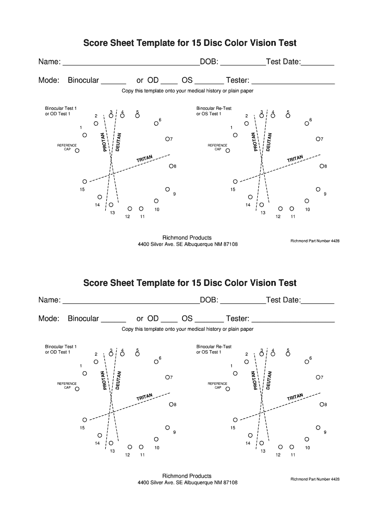 Score Sheet Template for 15 Disc Color Vision Test  Form