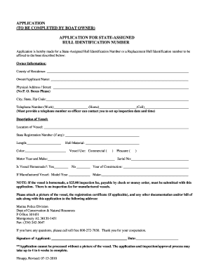 Application for State Assigned Hull Identification Number Alabama Mc Ala  Form
