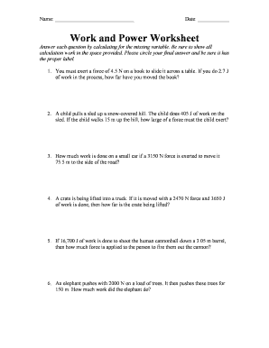 Work and Power Worksheet  Form