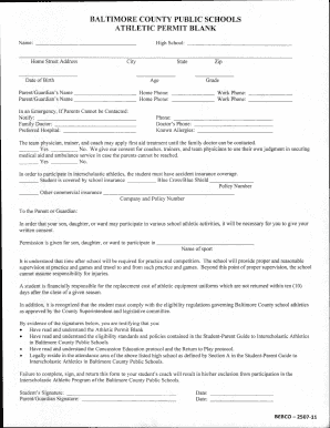 Baltimore County Public Schools Athletic Permit Blank Catonsville High  Form