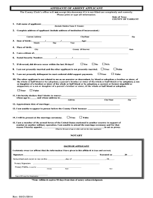 Absentee Affidavit Tarrant County  Form