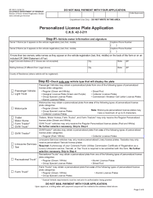  Colorado Personalized License Plate Application Request Form 2013