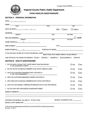 Food Handlers Questionnaire  Form