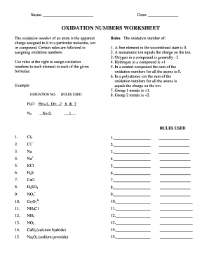 Oxidation Numbers Worksheet  Form