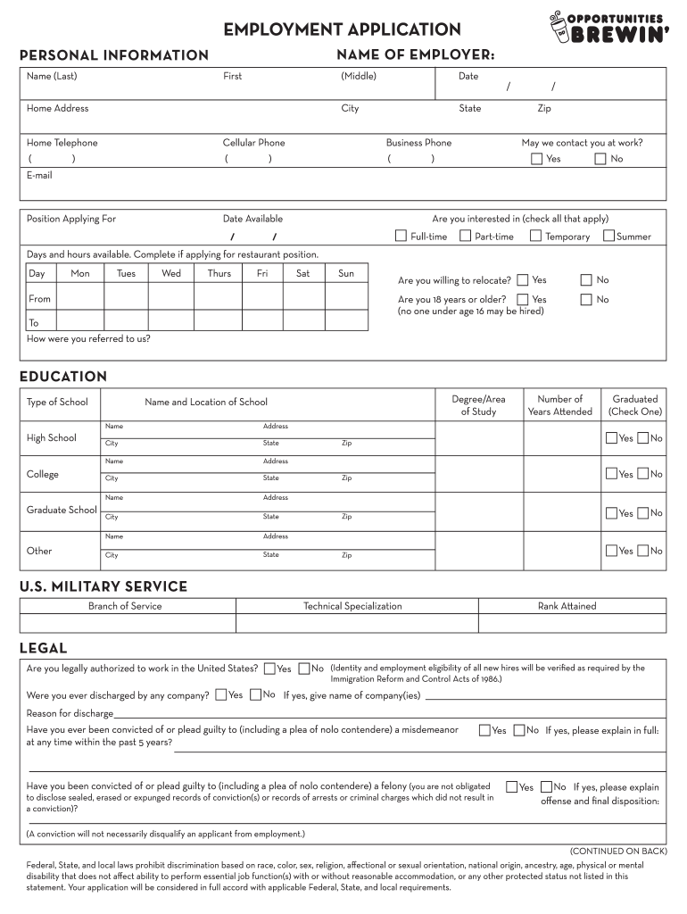 Dunkin Donuts Application PDF  Form