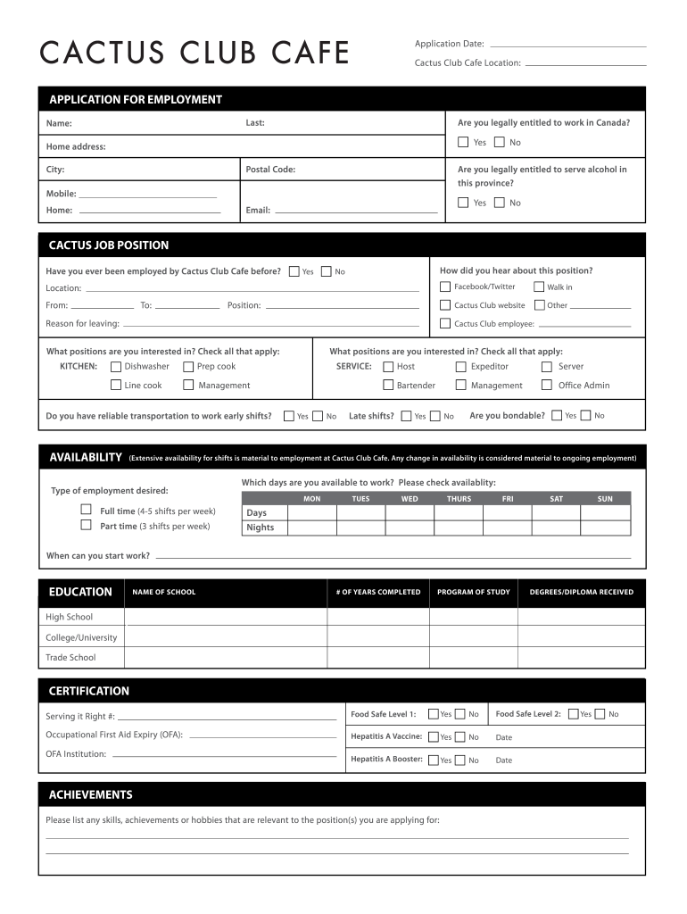 Cactus Club Application Form