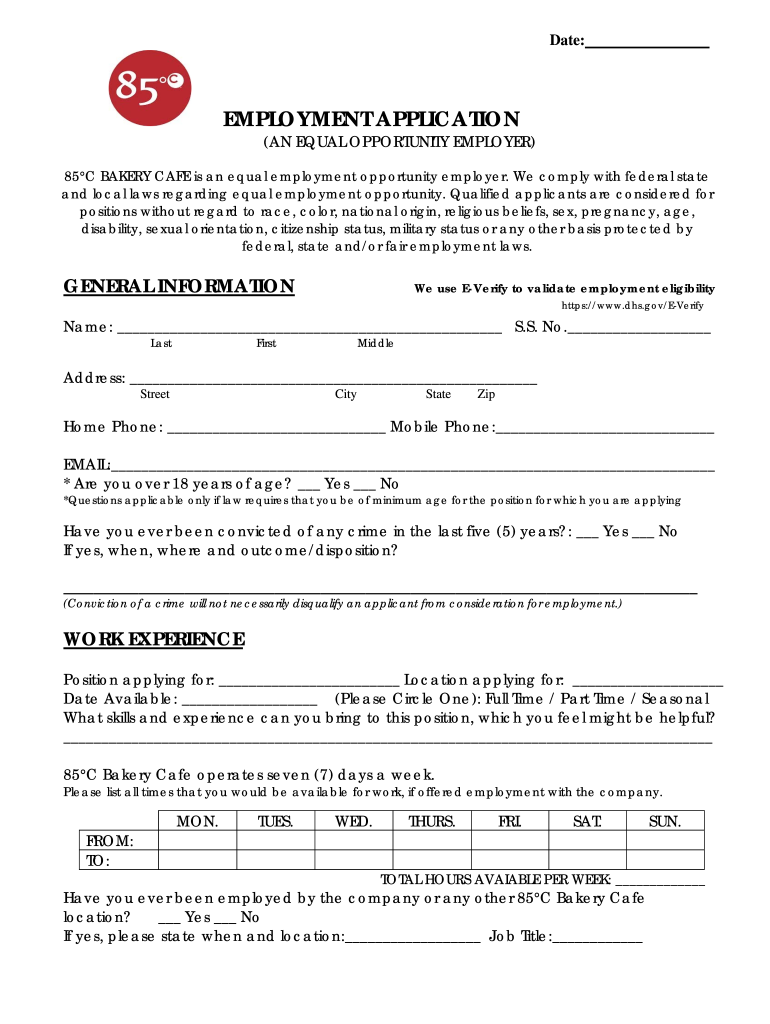 85 Degrees Application  Form