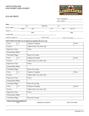 Application for Non Exempt Employment LumberJacks Restaurant  Form