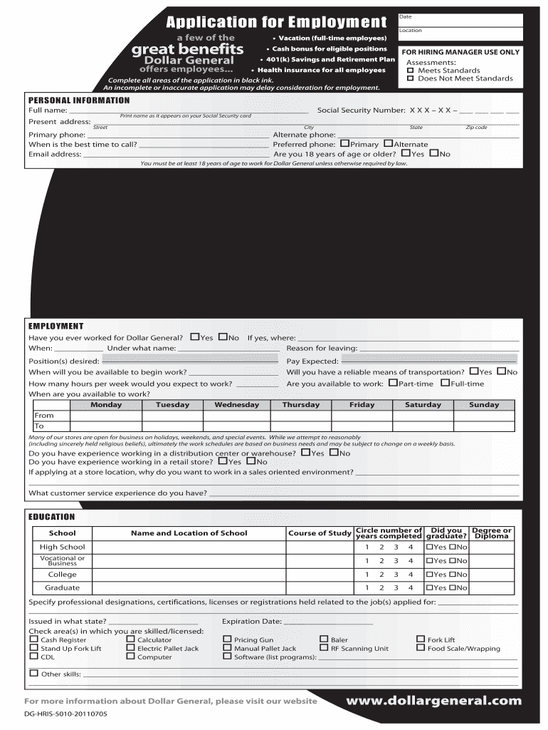  Dollar General Application PDF Form 2011-2024