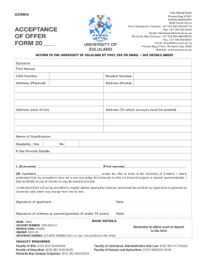  Unizulu Acceptance Offer Form 2013-2024