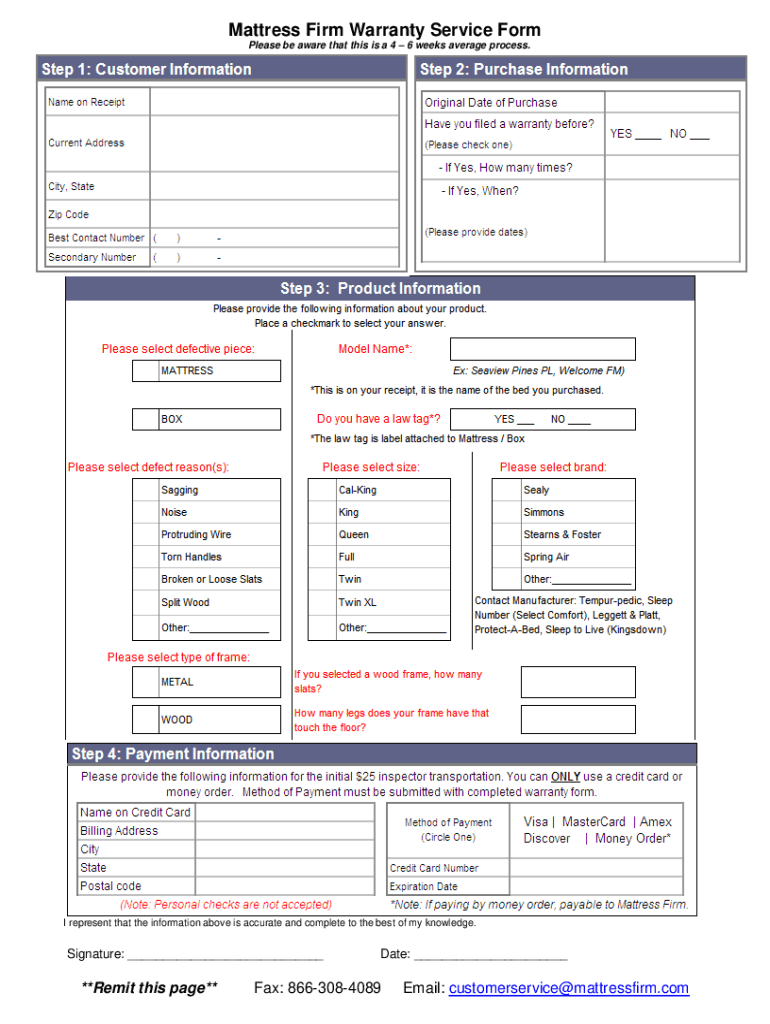 Mattress Firm Warranty  Form