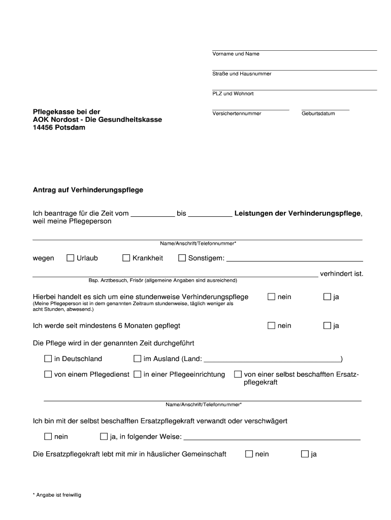 Antrag Auf Verhinderungspflege Aok Nordwest Hagen  Form