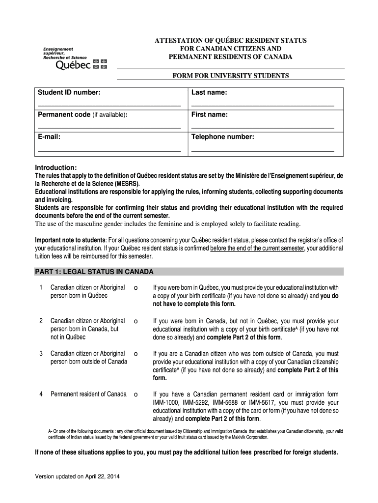 Attestation of Qu Bec Resident Status for Canadian Citizens and Permanent Residents of Canada Form for University Students Ubish