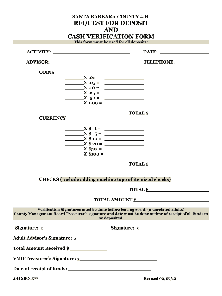  Request for Deposit and Cash Verification Form Sb4h Org Sb4h 2012-2024